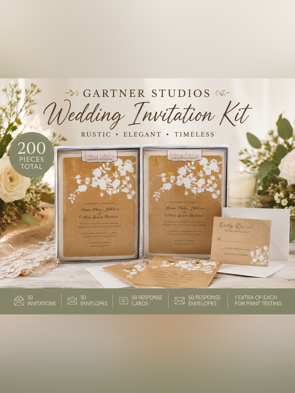 Gartner Studios Rustic Floral Wedding Invitation Kit – 200 Piece Set -New Sealed